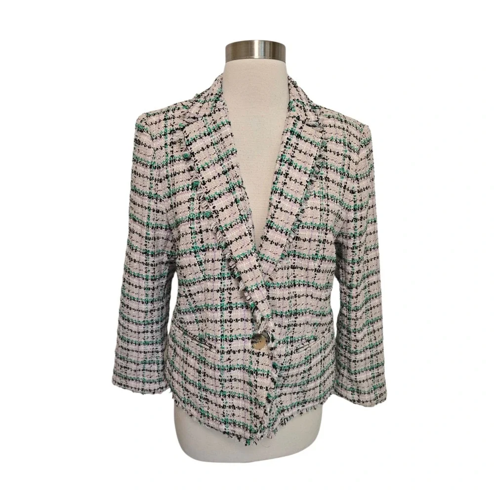 Ann Taylor Fringe Tweed Blazer Jacket Pink Green Plaid Womens Size  8 NWT